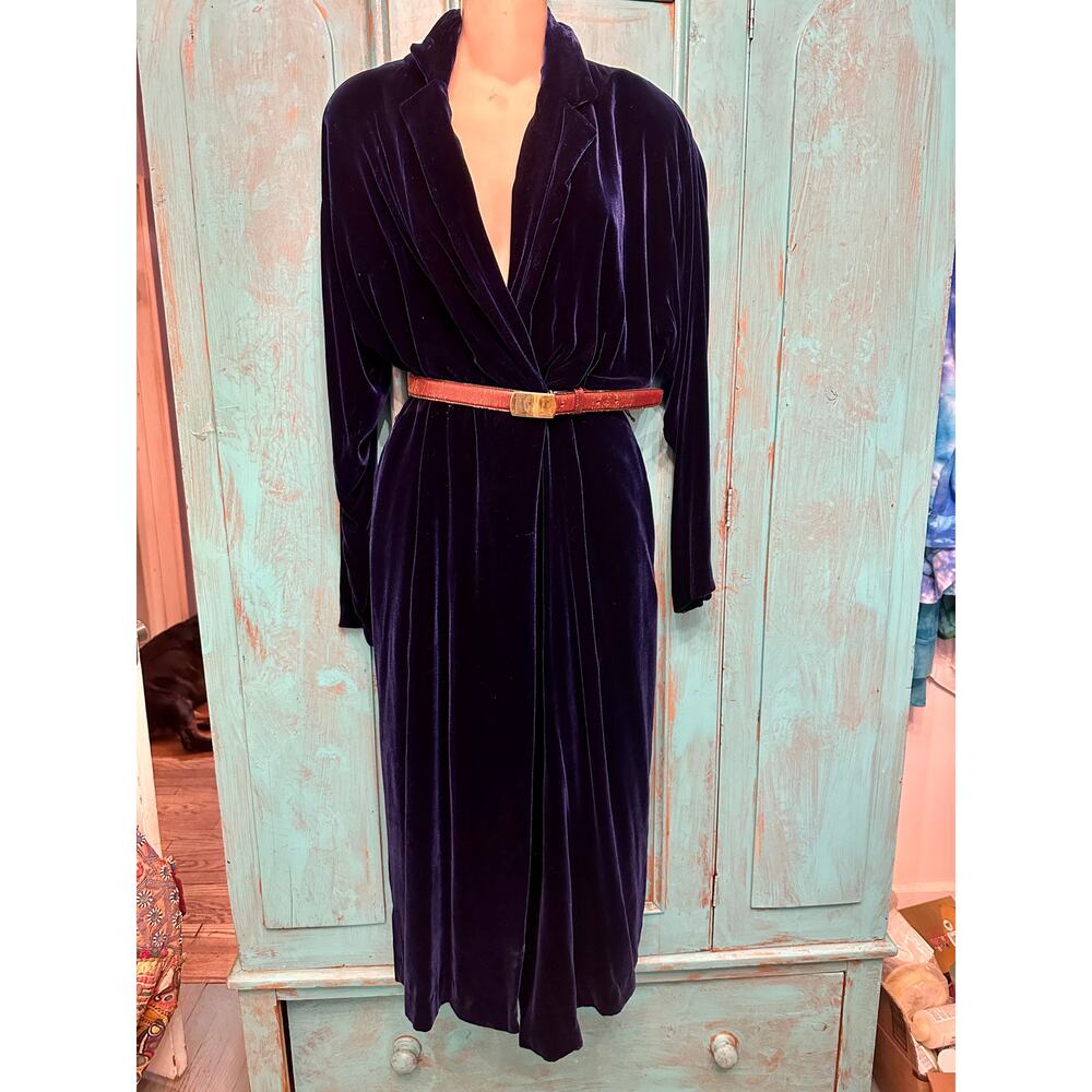 VINTAGE 80's RALPH LAUREN NAVY VELVET WRAP MIDI DRESS